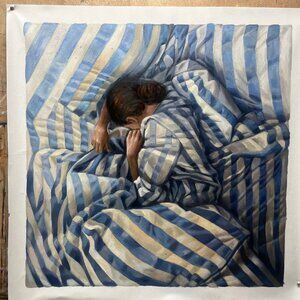 Quiet Oil Painting in Blue and White Stripes